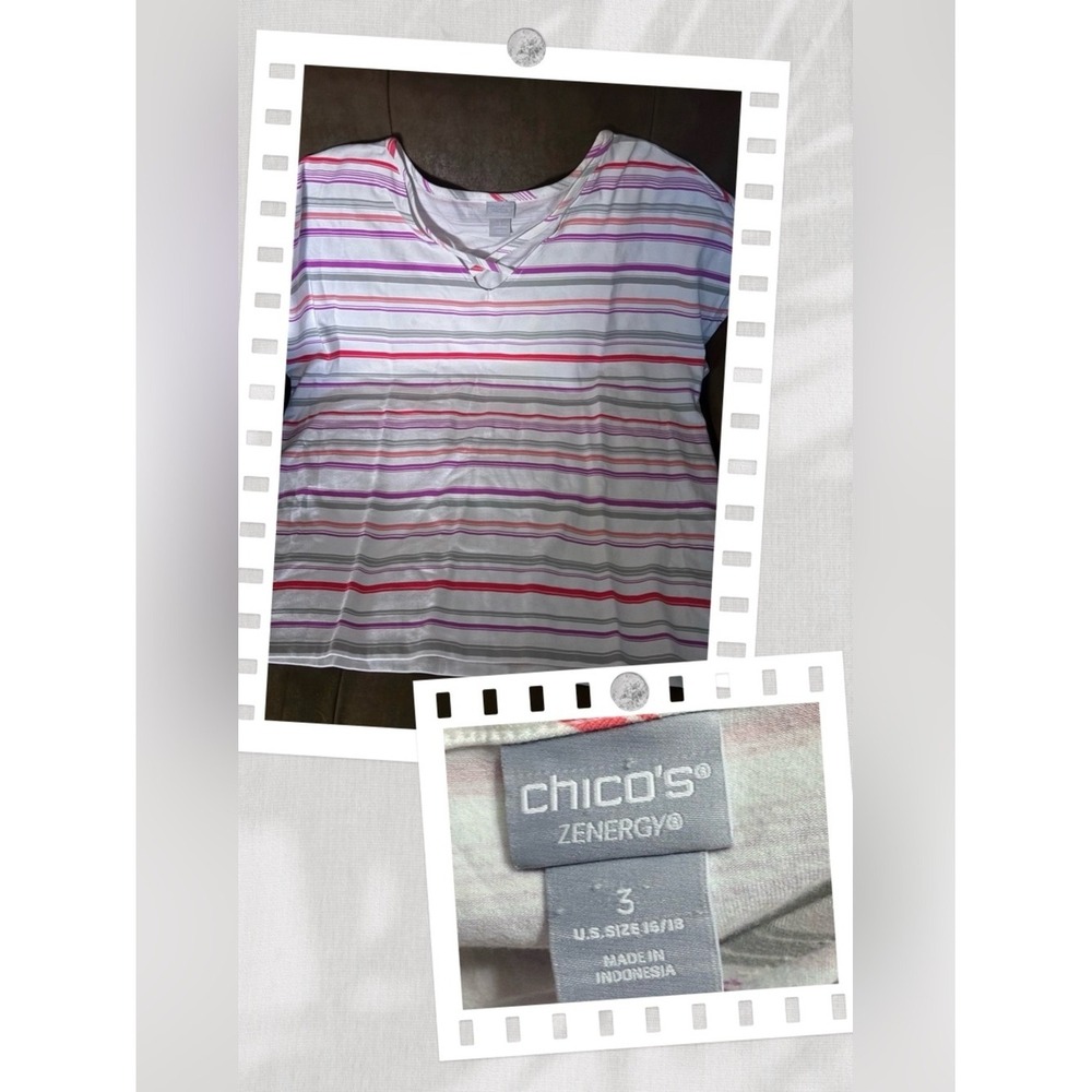 Chicos Zenergy Striped V-Neck Top White Pink Coral Gray Size 3 XL 16 18